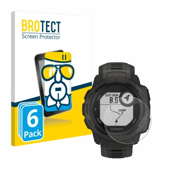 Face avant d’un emballage produit avec le logo de la marque BROTECT. À côté, l’appareil Garmin Instinct Tactical Edition est r