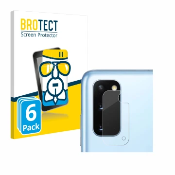 Face avant d’un emballage produit avec le logo de la marque BROTECT. À côté, l’appareil Samsung Galaxy S20 (Caméra UNIQUEMENT)