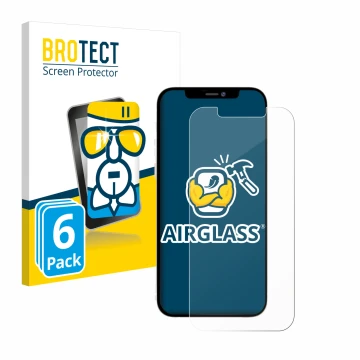Face avant d’un emballage produit avec le logo de la marque BROTECT. À côté, l’appareil Apple iPhone 12 Pro Max est représenté