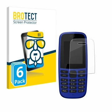 Face avant d’un emballage produit avec le logo de la marque BROTECT. À côté, l’appareil Nokia 105 DS 2019 est représenté avec 