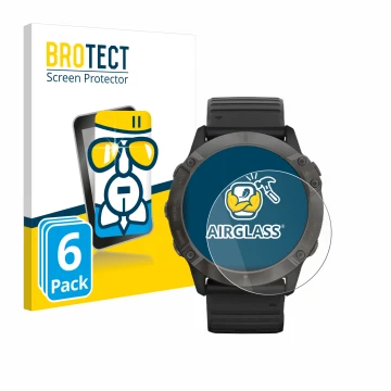 Face avant d’un emballage produit avec le logo de la marque BROTECT. À côté, l’appareil Garmin Fenix 6X Pro Solar est représen