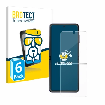 Face avant d’un emballage produit avec le logo de la marque BROTECT. À côté, l’appareil Samsung Galaxy Z Flip 5G est représent