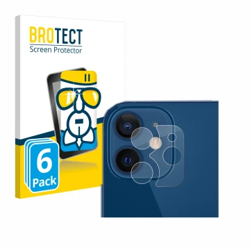 Face avant d’un emballage produit avec le logo de la marque BROTECT. À côté, l’appareil Apple iPhone 12 (Caméra UNIQUEMENT) es