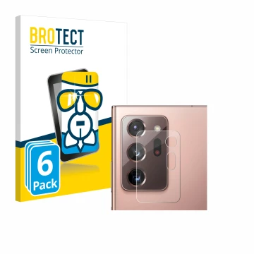 Face avant d’un emballage produit avec le logo de la marque BROTECT. À côté, l’appareil Samsung Galaxy Note 20 Ultra 5G (Camér