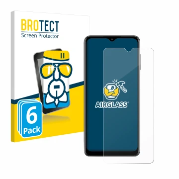 Face avant d’un emballage produit avec le logo de la marque BROTECT. À côté, l’appareil Samsung Galaxy M12 est représenté avec