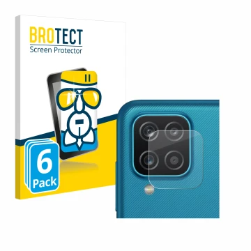 Face avant d’un emballage produit avec le logo de la marque BROTECT. À côté, l’appareil Samsung Galaxy A12 (Caméra UNIQUEMENT)