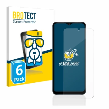Face avant d’un emballage produit avec le logo de la marque BROTECT. À côté, l’appareil Samsung Galaxy A12 est représenté avec