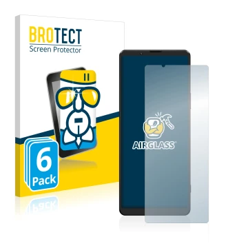 Face avant d’un emballage produit avec le logo de la marque BROTECT. À côté, l’appareil Sony Xperia 1 III est représenté avec 