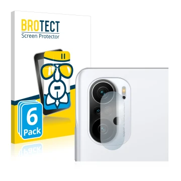 Face avant d’un emballage produit avec le logo de la marque BROTECT. À côté, l’appareil Xiaomi Poco F3 (Caméra UNIQUEMENT) est