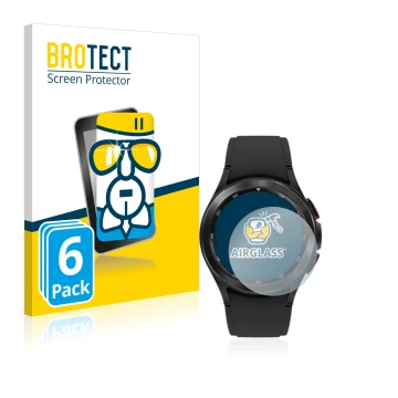 Face avant d’un emballage produit avec le logo de la marque BROTECT. À côté, l’appareil Samsung Galaxy Watch 4 Classic (42mm) 