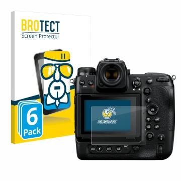 Face avant d’un emballage produit avec le logo de la marque BROTECT. À côté, l’appareil Nikon Z 9 est représenté avec la prote