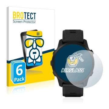 Face avant d’un emballage produit avec le logo de la marque BROTECT. À côté, l’appareil Garmin Forerunner 945 LTE est représen