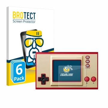 Face avant d’un emballage produit avec le logo de la marque BROTECT. À côté, l’appareil Nintendo Game & Watch Super Mario Bros