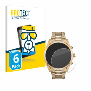 Face avant d’un emballage produit avec le logo de la marque BROTECT. À côté, l’appareil Michael Kors Access Gen 6 Bradshaw est