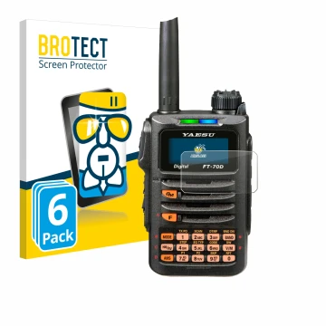 Face avant d’un emballage produit avec le logo de la marque BROTECT. À côté, l’appareil Yaesu FT-70DR est représenté avec la p