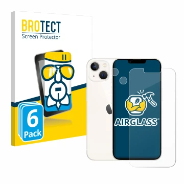 Face avant d’un emballage produit avec le logo de la marque BROTECT. À côté, l’appareil Apple iPhone 13 (Avant+Caméra) est rep