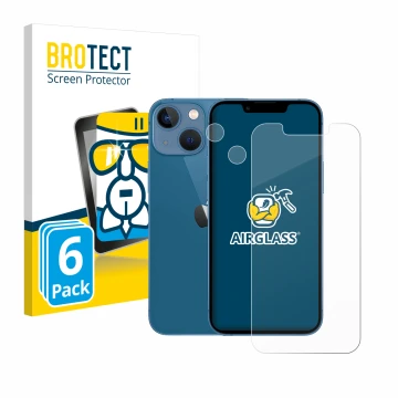 Face avant d’un emballage produit avec le logo de la marque BROTECT. À côté, l’appareil Apple iPhone 13 mini (Avant+Caméra) es