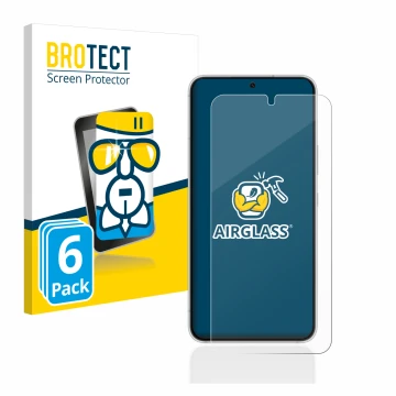 Face avant d’un emballage produit avec le logo de la marque BROTECT. À côté, l’appareil Samsung Galaxy S22 5G est représenté a