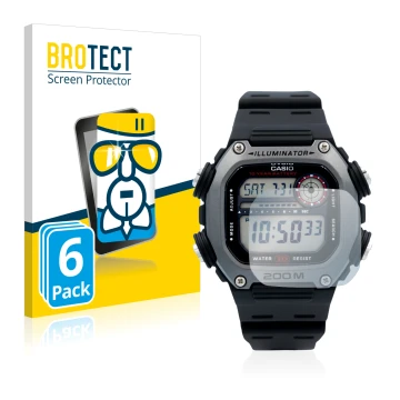 Face avant d’un emballage produit avec le logo de la marque BROTECT. À côté, l’appareil Casio DW-291H est représenté avec la p