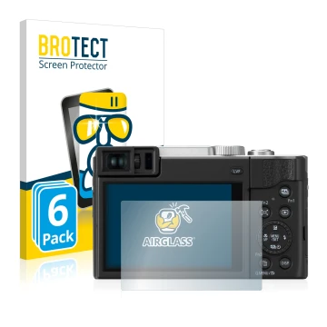 Face avant d’un emballage produit avec le logo de la marque BROTECT. À côté, l’appareil Panasonic Lumix DC-TZ95 est représenté