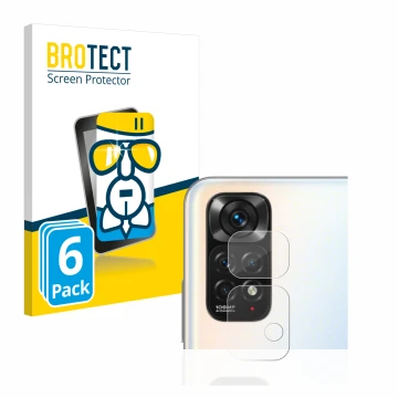 Face avant d’un emballage produit avec le logo de la marque BROTECT. À côté, l’appareil Xiaomi Redmi Note 11S (Caméra UNIQUEME