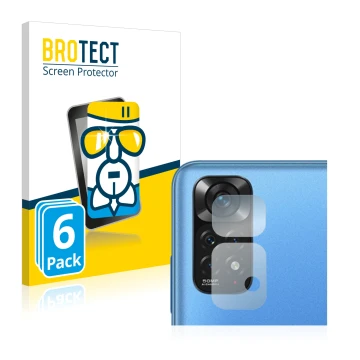 Face avant d’un emballage produit avec le logo de la marque BROTECT. À côté, l’appareil Xiaomi Redmi Note 11 (Caméra UNIQUEMEN