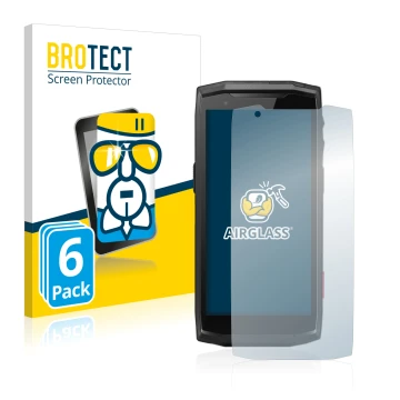 Face avant d’un emballage produit avec le logo de la marque BROTECT. À côté, l’appareil Crosscall Core-M5 est représenté avec 