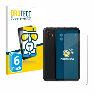 Face avant d’un emballage produit avec le logo de la marque BROTECT. À côté, l’appareil Samsung Galaxy Xcover 6 Pro (Avant+Cam