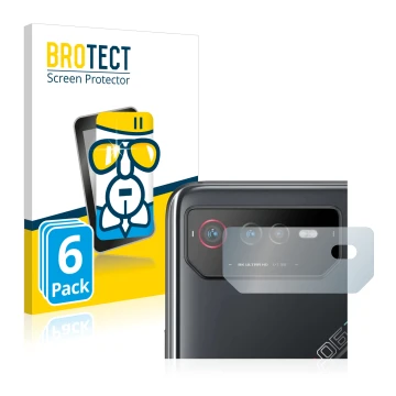 Face avant d’un emballage produit avec le logo de la marque BROTECT. À côté, l’appareil ASUS ROG Phone 6 (Caméra UNIQUEMENT) e