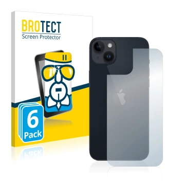 Face avant d’un emballage produit avec le logo de la marque BROTECT. À côté, l’appareil Apple iPhone 14 Plus (Arrière) est rep