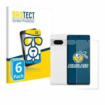 Face avant d’un emballage produit avec le logo de la marque BROTECT. À côté, l’appareil Google Pixel 7 (Avant+Caméra) est repr