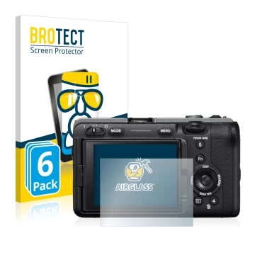 Face avant d’un emballage produit avec le logo de la marque BROTECT. À côté, l’appareil Sony Alpha FX30 Cinema Line est représ