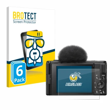 Face avant d’un emballage produit avec le logo de la marque BROTECT. À côté, l’appareil Sony ZV-1F est représenté avec la prot