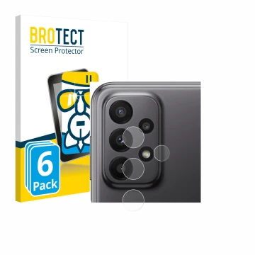 Face avant d’un emballage produit avec le logo de la marque BROTECT. À côté, l’appareil Samsung Galaxy A23 5G (Caméra UNIQUEME