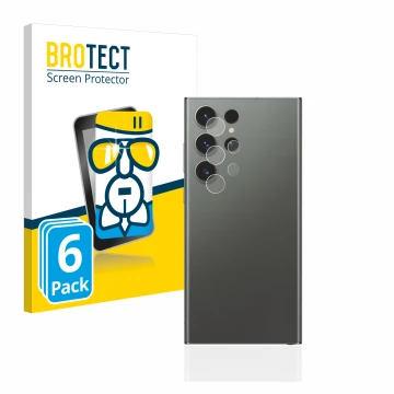 Face avant d’un emballage produit avec le logo de la marque BROTECT. À côté, l’appareil Samsung Galaxy S23 Ultra (Caméra UNIQU