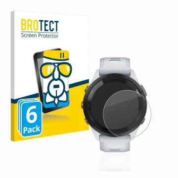 Face avant d’un emballage produit avec le logo de la marque BROTECT. À côté, l’appareil Garmin Forerunner 265 (46 mm) est repr