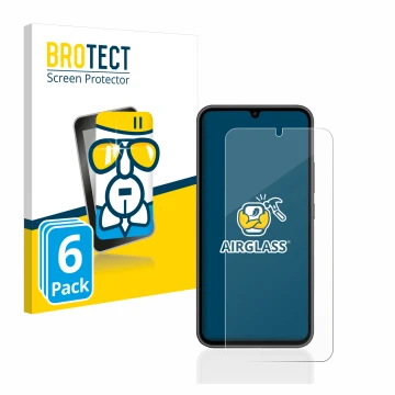 Face avant d’un emballage produit avec le logo de la marque BROTECT. À côté, l’appareil Samsung Galaxy A34 5G est représenté a