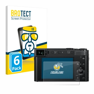 Face avant d’un emballage produit avec le logo de la marque BROTECT. À côté, l’appareil Panasonic Lumix DC-TZ202D est représen