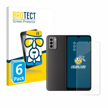 Face avant d’un emballage produit avec le logo de la marque BROTECT. À côté, l’appareil Nokia G22 (Avant+Caméra) est représent