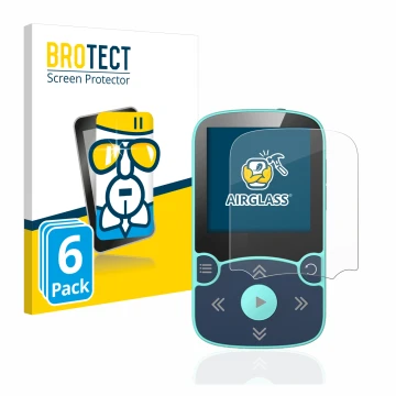 Face avant d’un emballage produit avec le logo de la marque BROTECT. À côté, l’appareil AGPtek A65X MP3 Player with clip est r