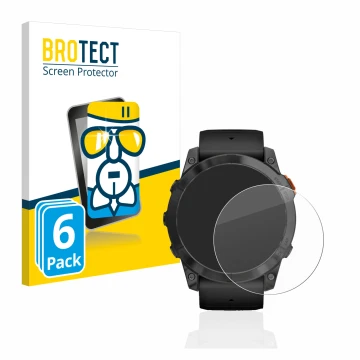 Face avant d’un emballage produit avec le logo de la marque BROTECT. À côté, l’appareil Garmin Fenix 7X Pro Solar (51 mm) est 