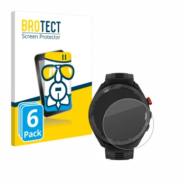 Face avant d’un emballage produit avec le logo de la marque BROTECT. À côté, l’appareil Garmin Approach S70 (47 mm) est représ