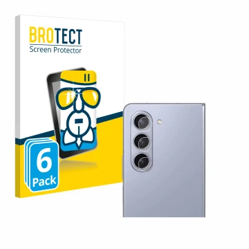 Face avant d’un emballage produit avec le logo de la marque BROTECT. À côté, l’appareil Samsung Galaxy Z Fold 5 (Caméra UNIQUE