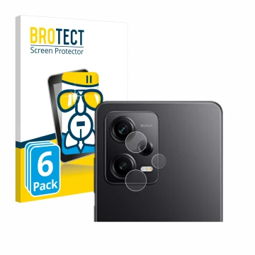 Face avant d’un emballage produit avec le logo de la marque BROTECT. À côté, l’appareil Xiaomi Redmi Note 12 Pro 5G (Caméra UN