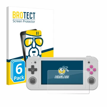 Face avant d’un emballage produit avec le logo de la marque BROTECT. À côté, l’appareil Anbernic RG505 est représenté avec la 