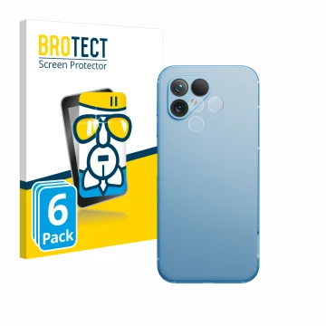 Face avant d’un emballage produit avec le logo de la marque BROTECT. À côté, l’appareil Fairphone 5 (Caméra UNIQUEMENT) est re