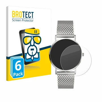 Face avant d’un emballage produit avec le logo de la marque BROTECT. À côté, l’appareil Liebeskind New Case Mesh (34 mm) est r