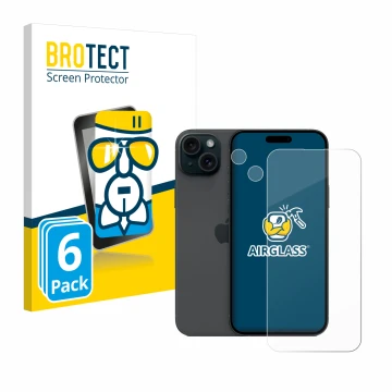 Face avant d’un emballage produit avec le logo de la marque BROTECT. À côté, l’appareil Apple iPhone 15 Plus (Avant+Caméra) es
