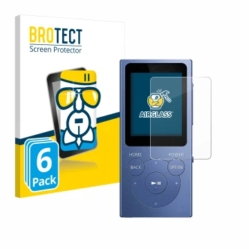Face avant d’un emballage produit avec le logo de la marque BROTECT. À côté, l’appareil Sony Walkman NW-E394 est représenté av