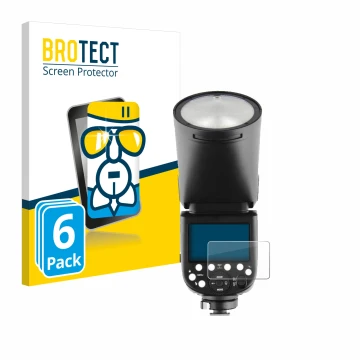 Face avant d’un emballage produit avec le logo de la marque BROTECT. À côté, l’appareil Godox V1 est représenté avec la protec